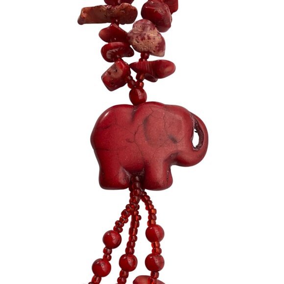 Vintage New Handmade Red Glass Coral Long Necklace Carved Elephant Boho - Picture 3 of 5